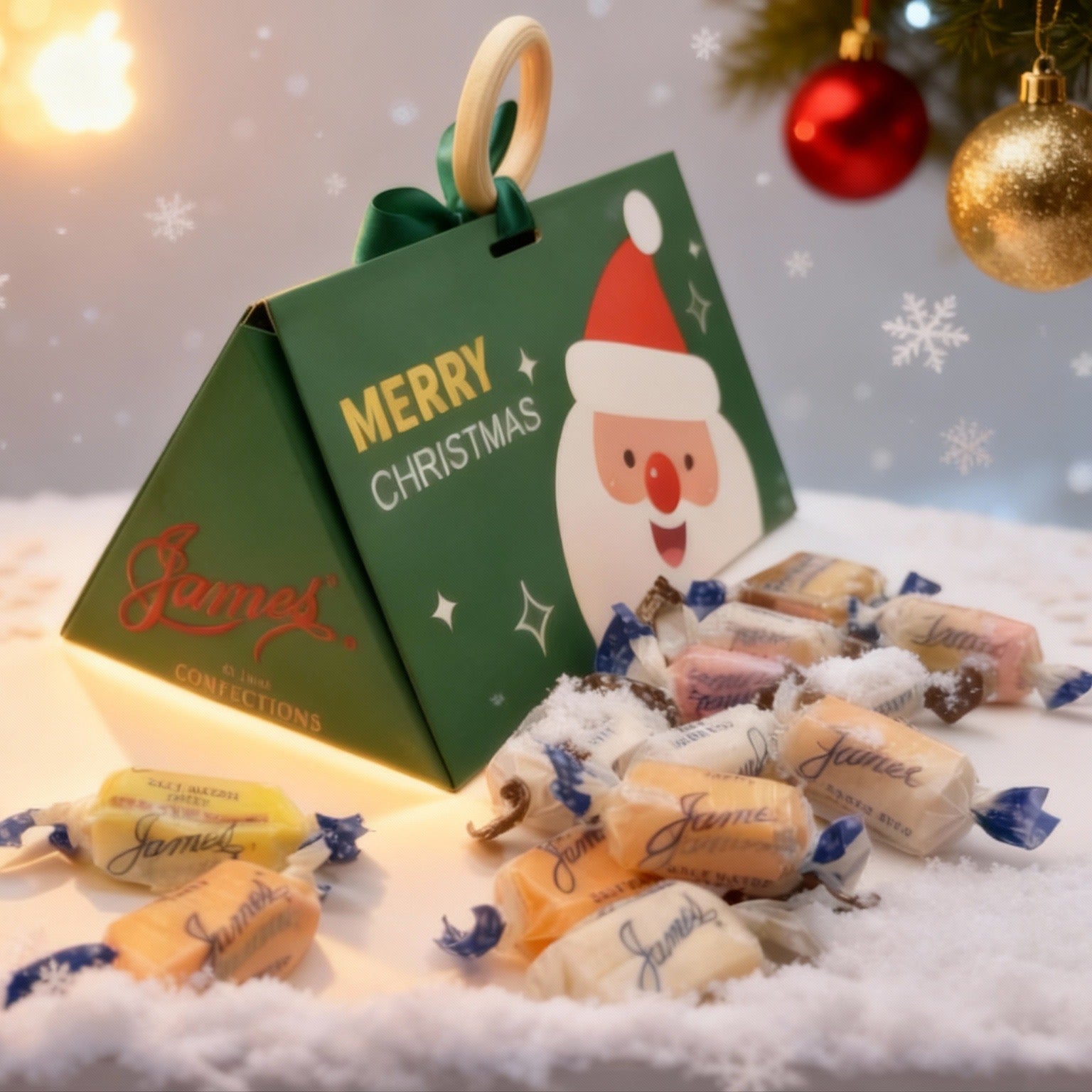 Christmas-themed candy box with Santa Claus design on a snowy background