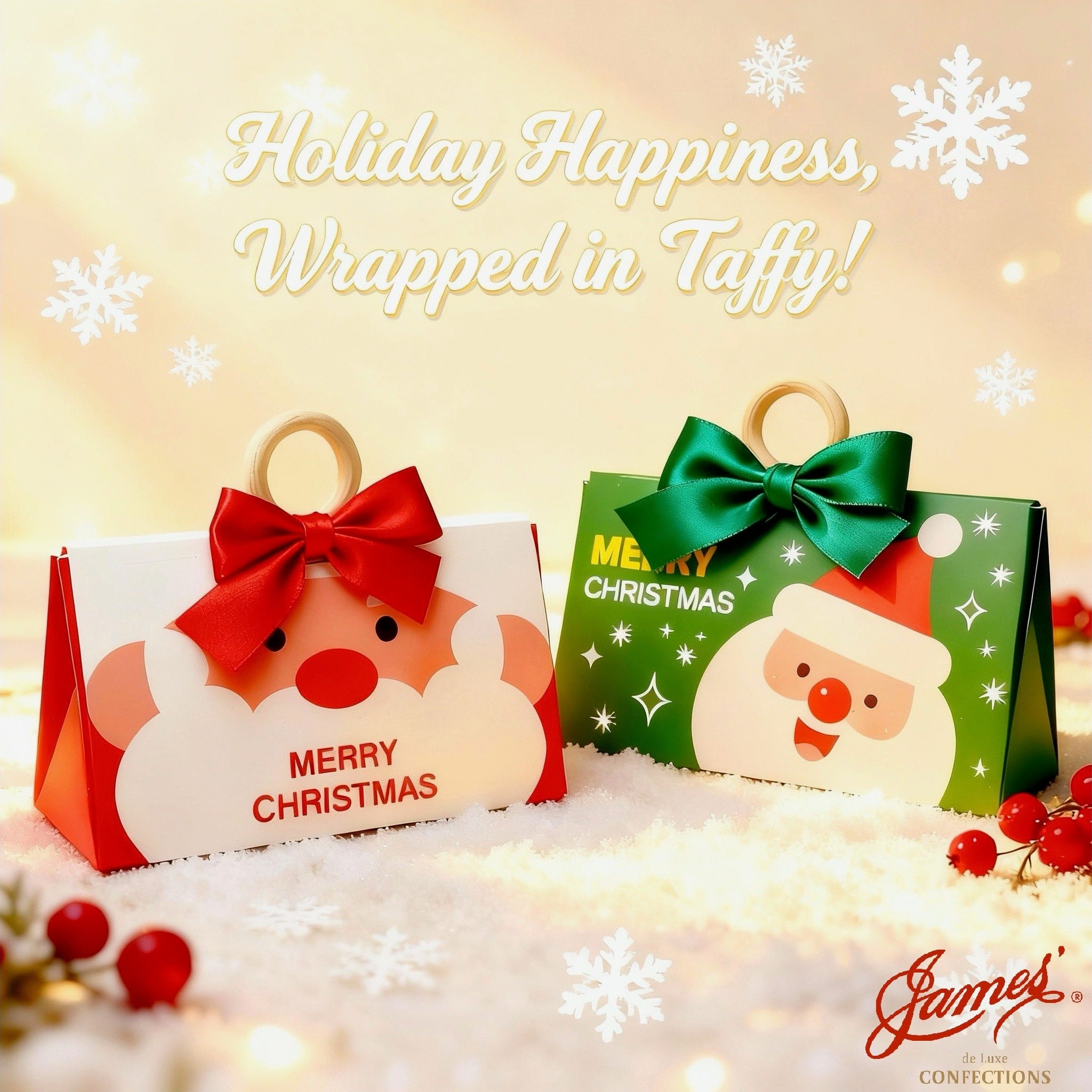 Two Christmas-themed taffy packages with Santa faces on a festive background.
