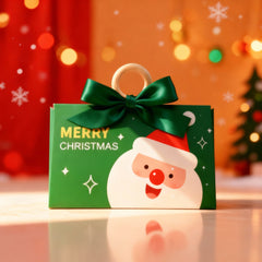 Green gift box with Santa Claus design and 'Merry Christmas' text, against a festive background.