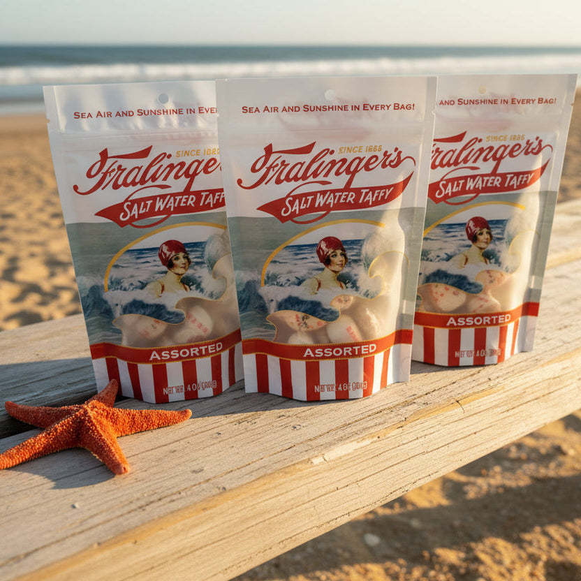 Three bags of Fraling's Salt Water Taffy Assortment standing on a dark wooden surface, with a cardboard box in the background.