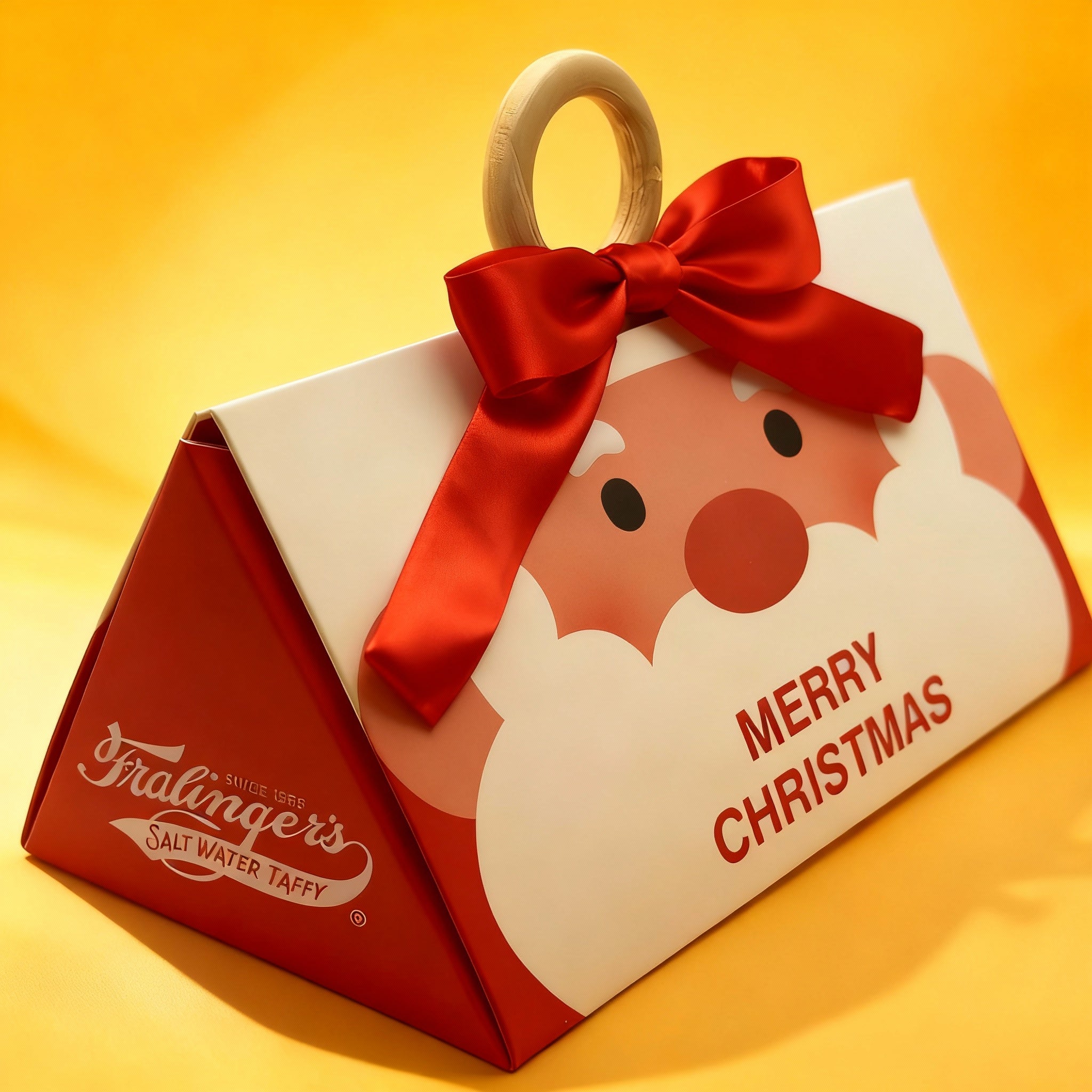 Fralinger's salt water taffy box with Santa face design and red ribbon on a yellow background