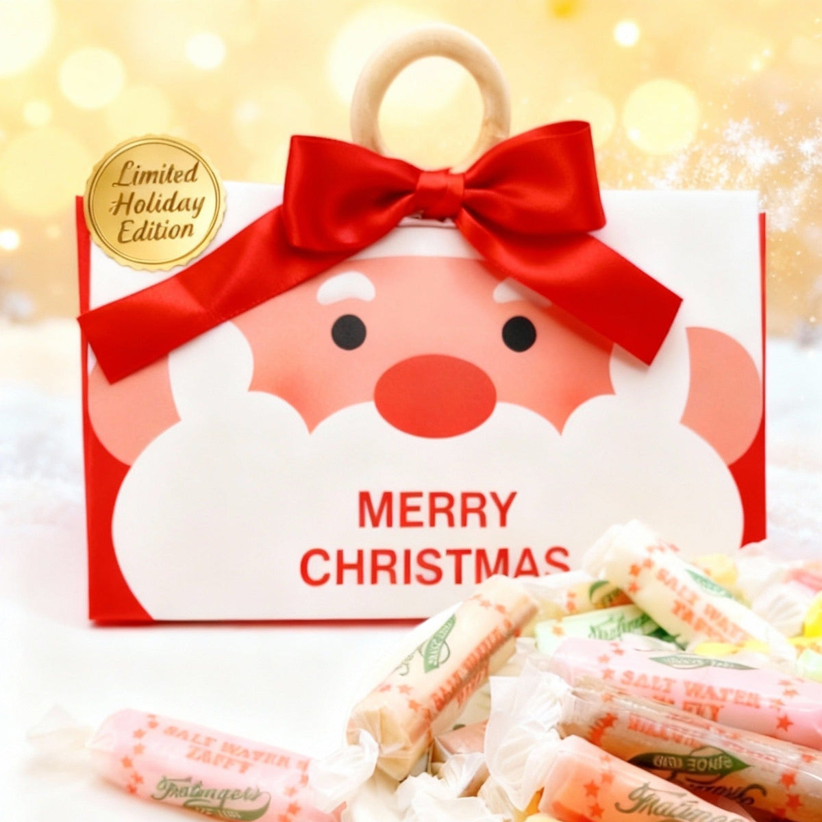 Candy package with Santa Claus design and candy sticks on a white plate.